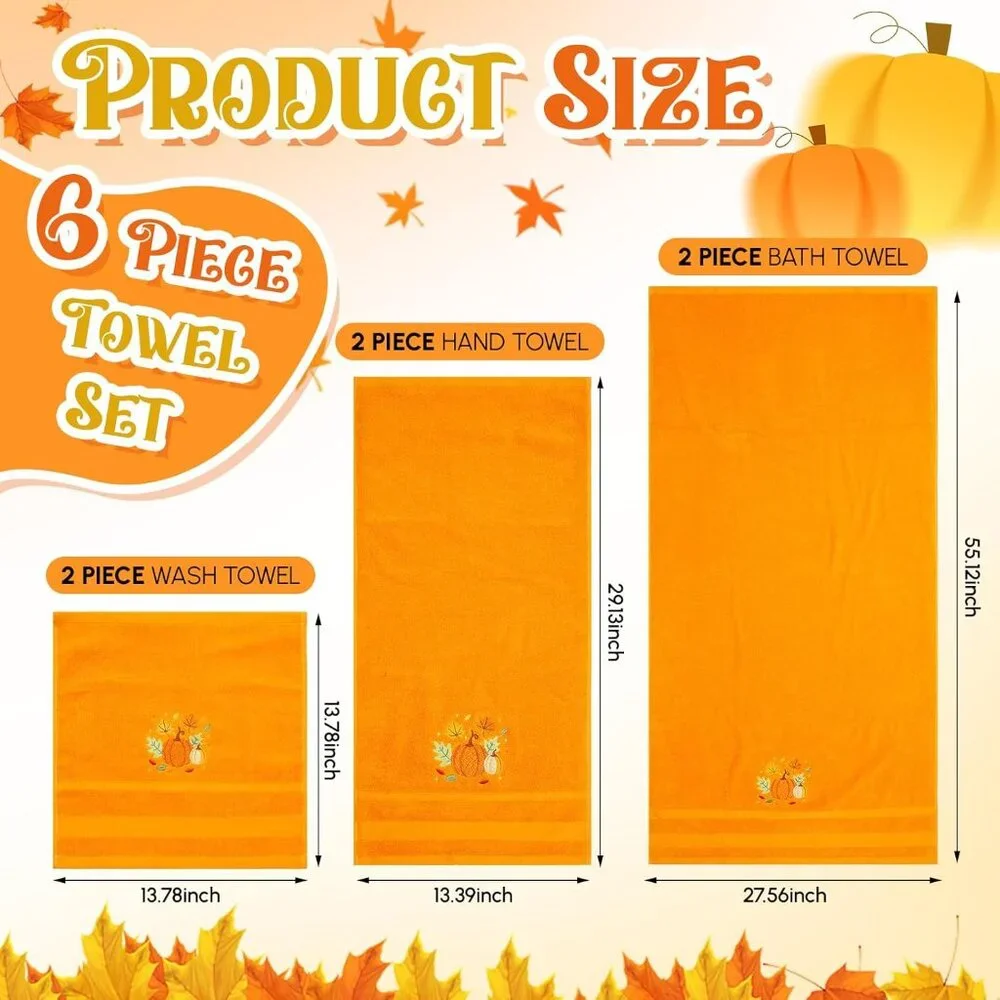 Vibrant Cotton 6 Pack Towel Set with Pumpkin Embroidery - Safe for Family